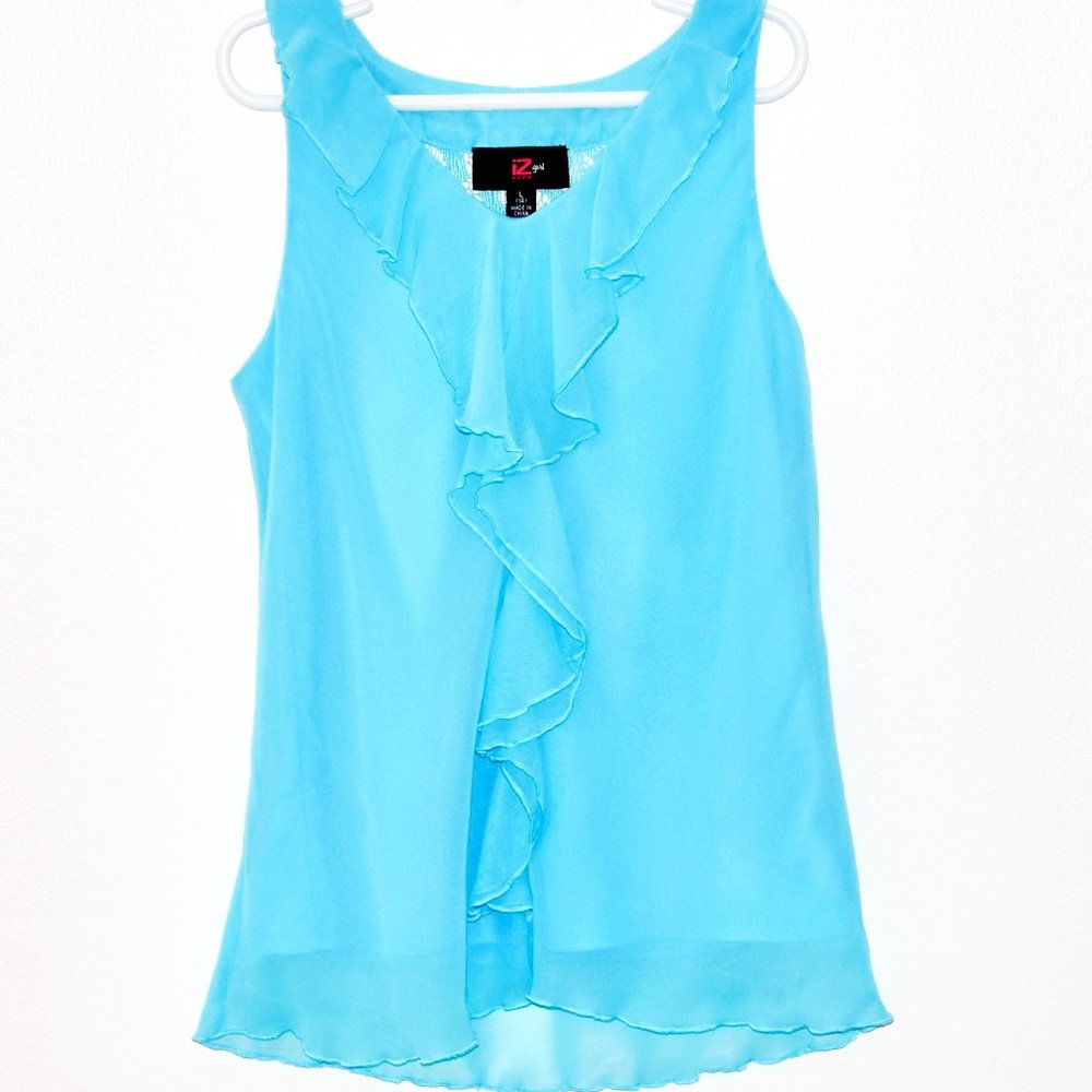 IZ Byer V-Neck Sleeveless Blouse with Front Ruffle and Lace - Large (14)